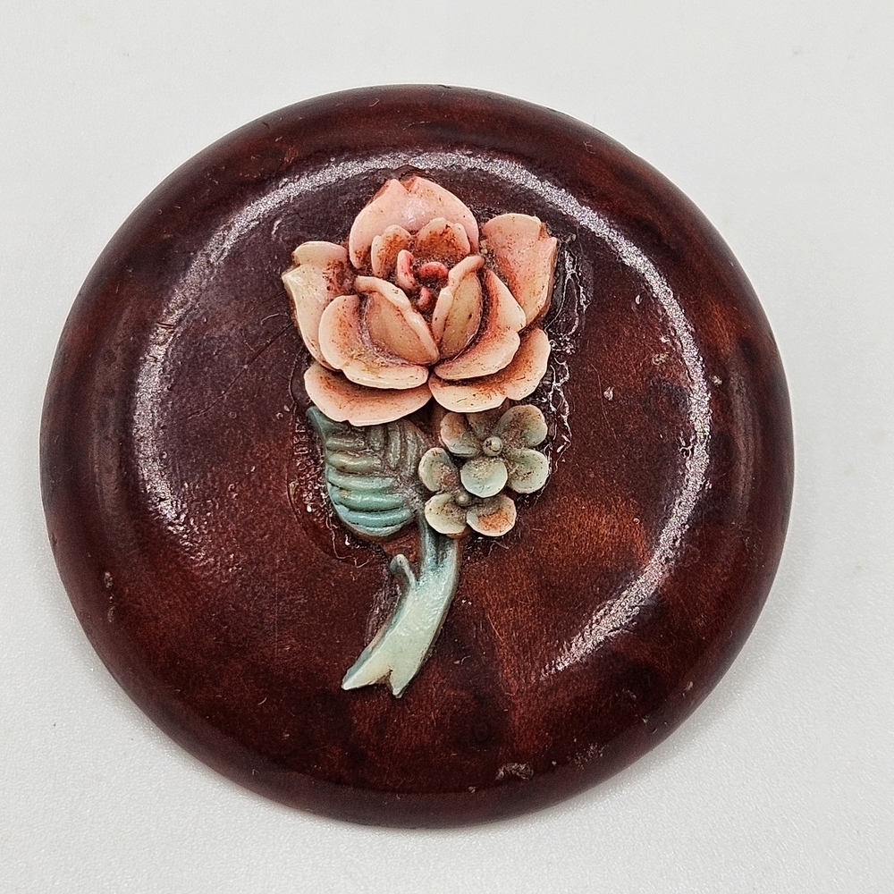 VINTAGE 3D Painted Pink Rose Flower Round Brooch Pin